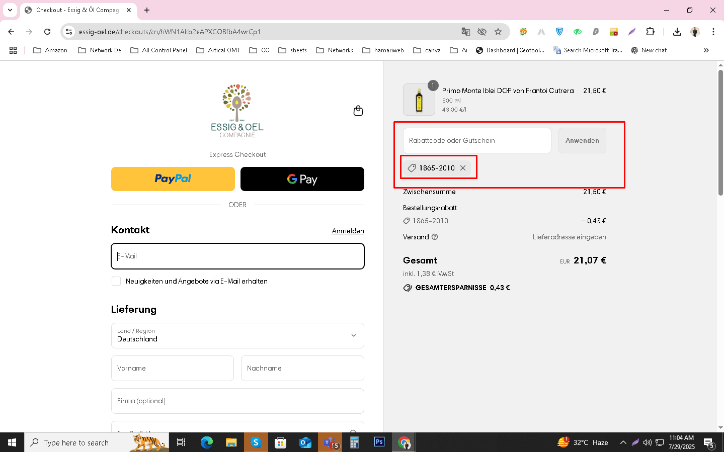 Screenshot der Essig-oel Checkout-Seite mit erfolgreich angewandtem Essig-oel Rabattcode