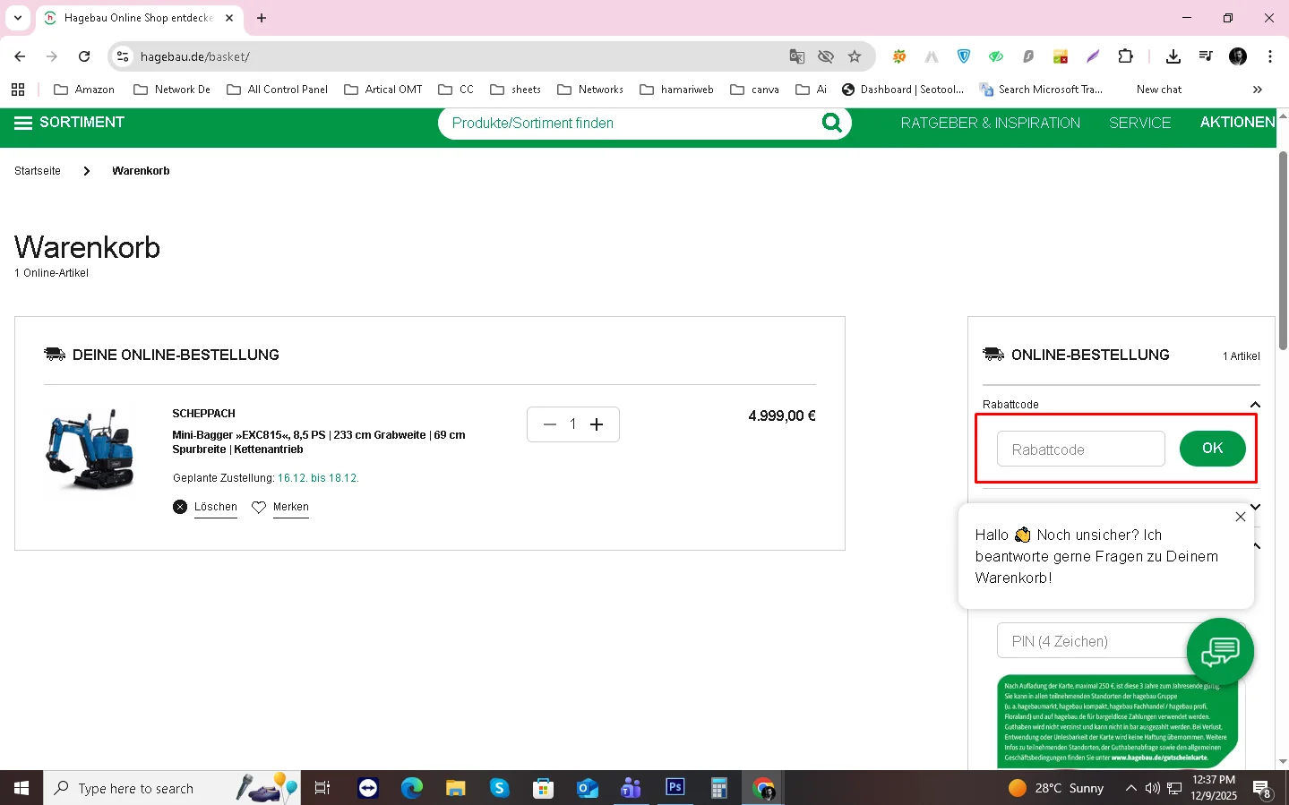 Screenshot der Hagebau Checkout-Seite mit erfolgreich angewandtem Hagebau Rabattcode
