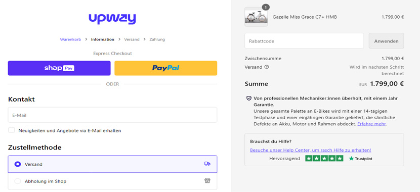 Ein Screenshot der Checkout-Seite von Upway mit einem funktionierenden Gutscheincode